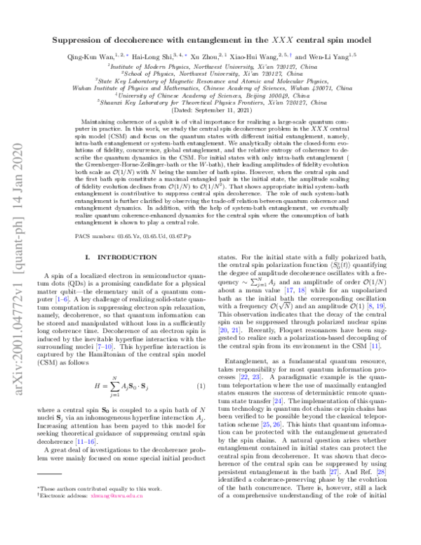 (PDF) Suppression of decoherence with entanglement in the $XXX$ central ...