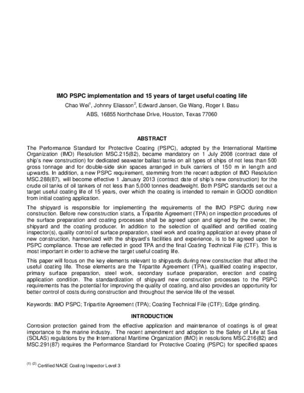 (PDF) IMO PSPC Implementation And 15 Years of Target Useful Coating Life