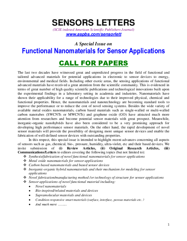 (PDF) A Special Issue on Functional Nanomaterials for Sensor Applications