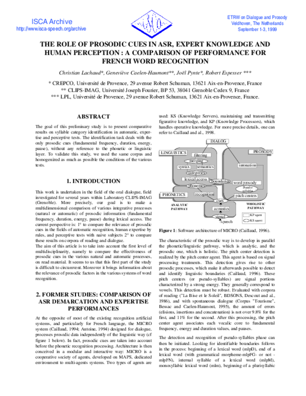 (PDF) ISCA Archive THE ROLE OF PROSODIC CUES IN ASR, EXPERT KNOWLEDGE ...