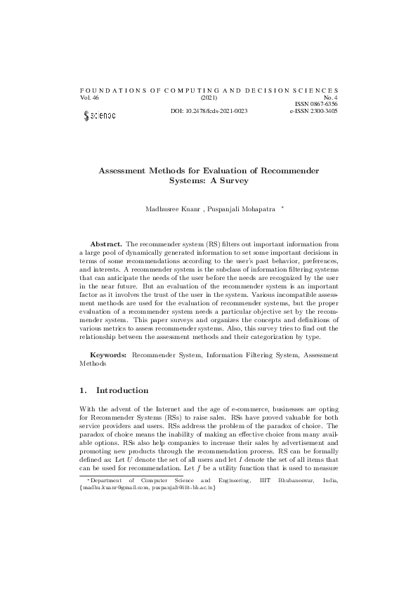 (PDF) Assessment Methods for Evaluation of Recommender Systems: A Survey