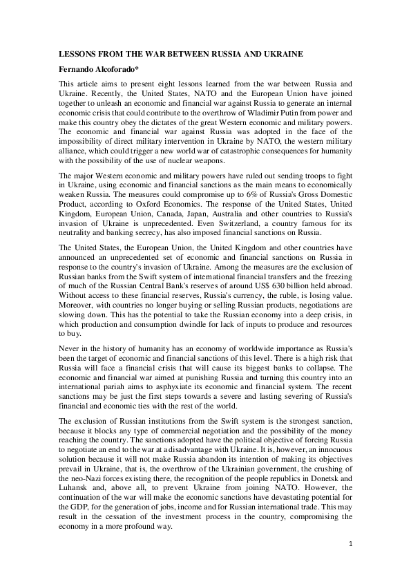 (PDF) LESSONS FROM THE WAR BETWEEN RUSSIA AND UKRAINE