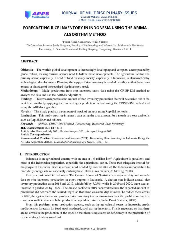 (PDF) Forecasting Rice Inventory in Indonesia Using the Arima Algorithm ...