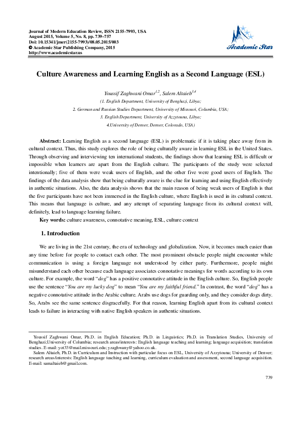 (PDF) Culture Awareness and Learning English as a Second Language (ESL