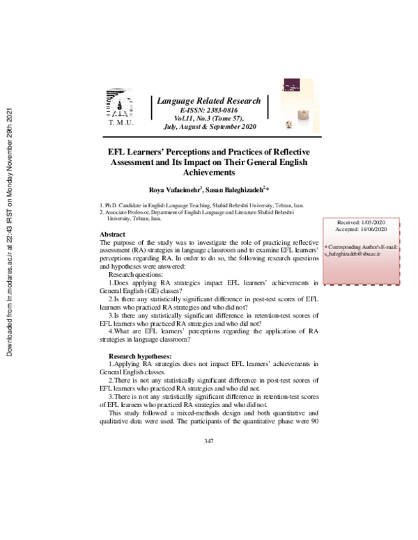 (PDF) EFL Learners’ Perceptions and Practices of Reflective Assessment ...