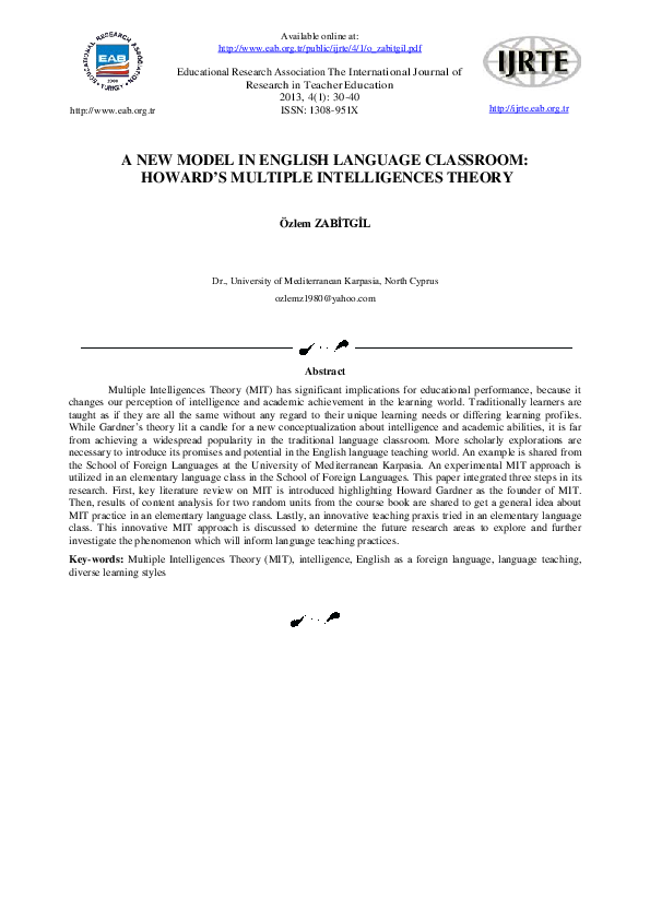 (PDF) A New Model In English Language Classroom: Howard’s Multiple ...