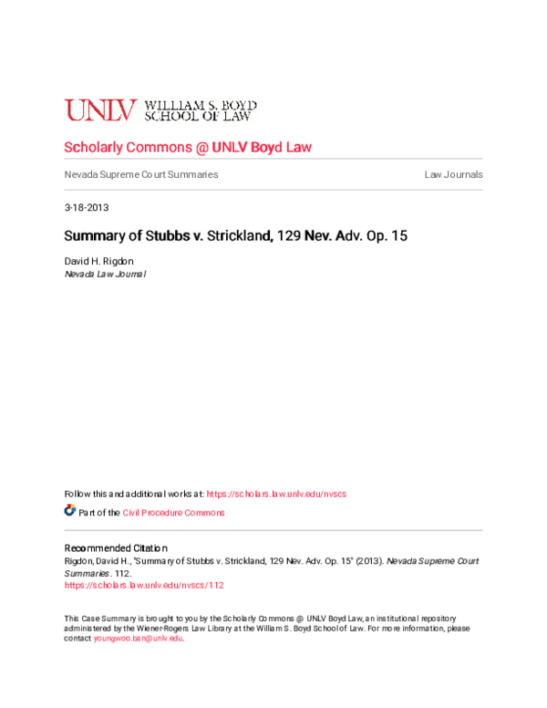 (PDF) Summary of Stubbs v. Strickland, 129 Nev. Adv. Op. 15 David