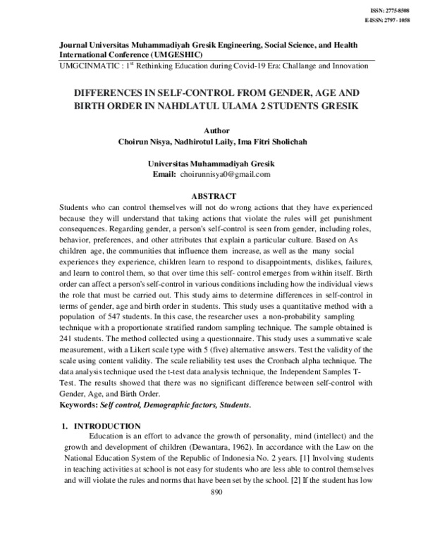 (PDF) Differences in Self-Control from Gender, Age and Birth Order in ...
