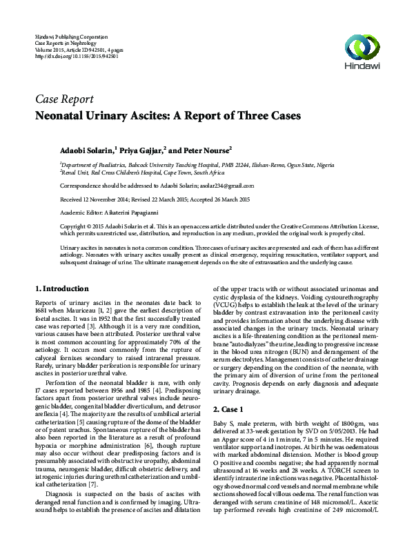 (PDF) Case Report Neonatal Urinary Ascites A Report of Three Cases Adaobi Solarin Academia.edu