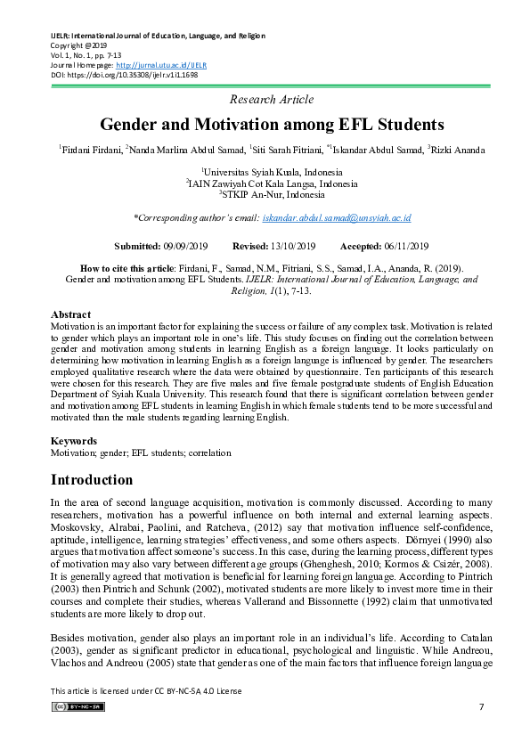 (PDF) Gender and Motivation among EFL Students