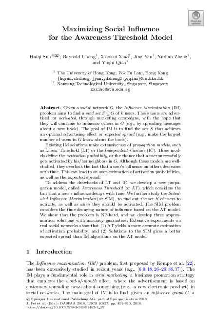 (PDF) Maximizing social influence for the awareness threshold model