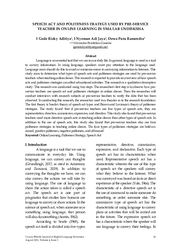 (PDF) Speech Act and Politeness Trategy Used by Pre-Service Teacher in ...