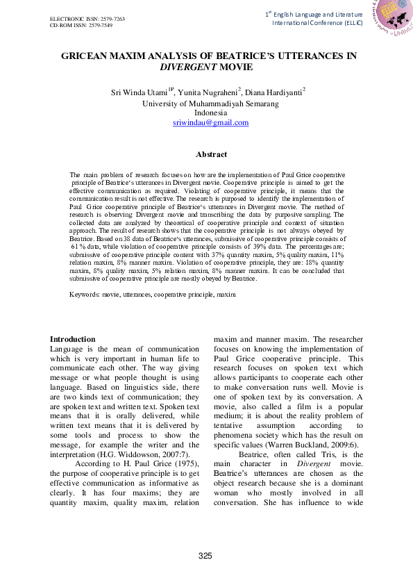 (PDF) Gricean Maxim Analysis of Beatrice‟S Utterances in Divergent Movie