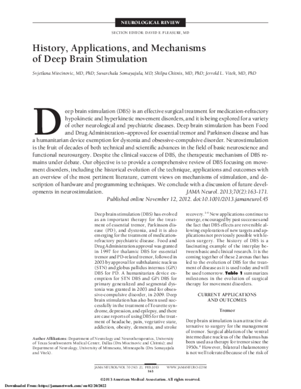 (PDF) History, Applications, and Mechanisms of Deep Brain Stimulation