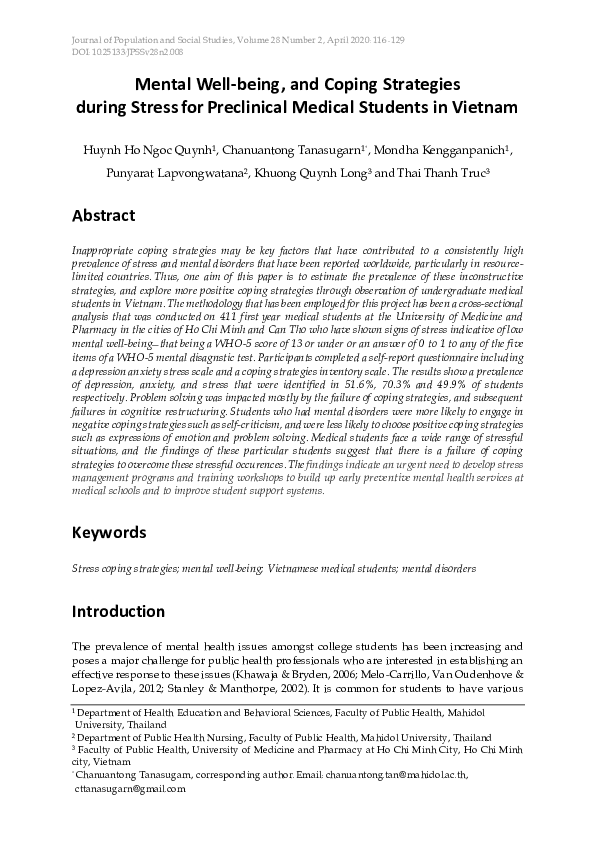 (PDF) Mental Well-being, and Coping Strategies during Stress for ...