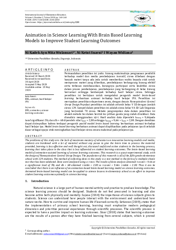 (PDF) Animation in Science Learning with Brain Based Learning Models to ...
