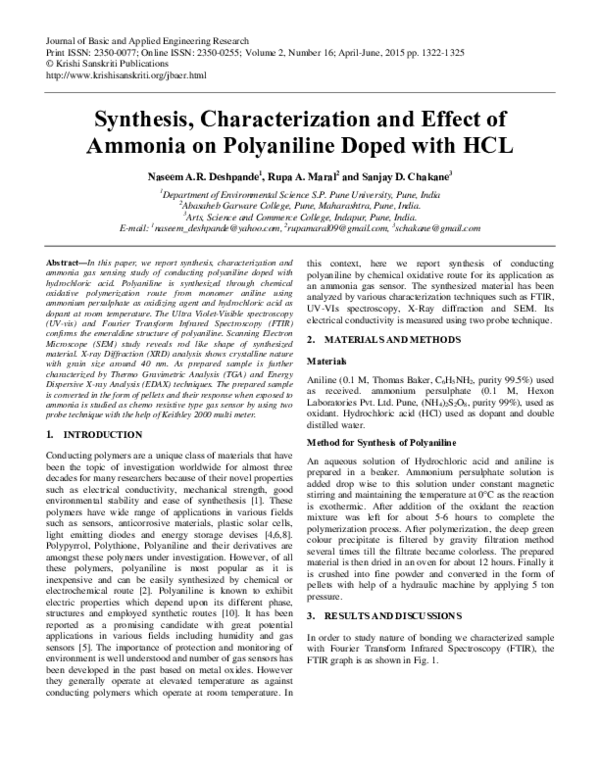 (PDF) Synthesis, Characterization and Effect of Ammonia on Polyaniline ...