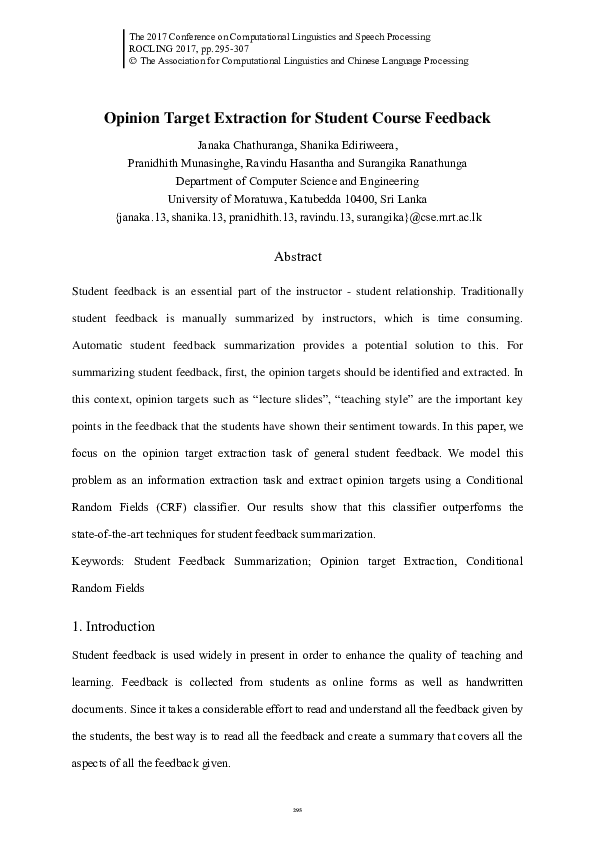 (PDF) Opinion Target Extraction for Student Course Feedback
