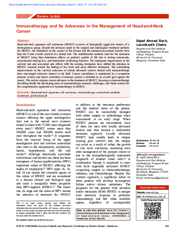 (PDF) Immunotherapy and its advances in the management of head-and-neck ...