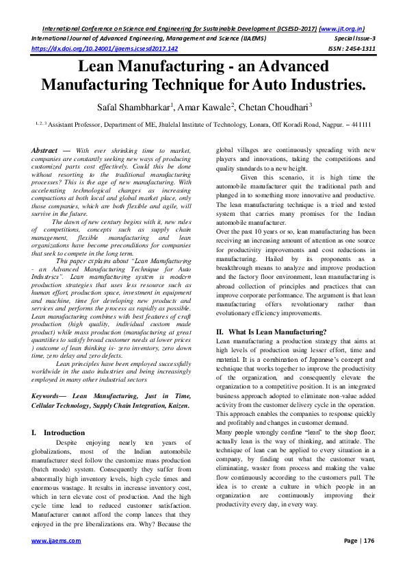 Pdf Lean Manufacturing An Advanced Manufacturing Technique For Auto