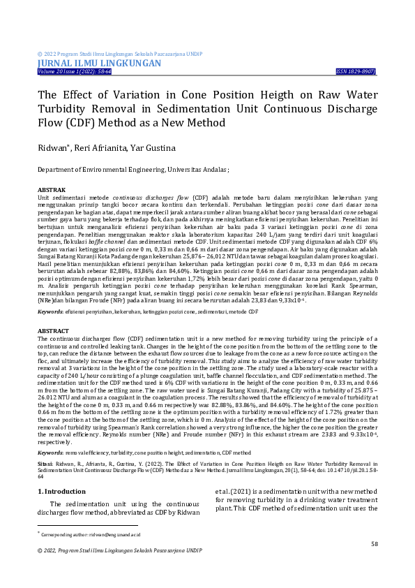 (PDF) The Effect of Variation in Cone Position Heigth on Raw Water ...
