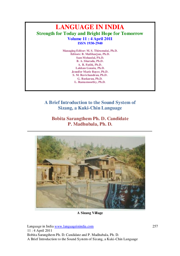 (PDF) A Brief Introduction to the Sound System of Sizang, a Kuki-Chin ...