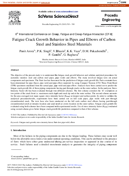 (PDF) Fatigue Crack Growth Behavior in Pipes and Elbows of Carbon Steel ...