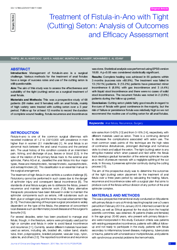 (PDF) Treatment of Fistula-In-Ano with Tight (Cutting) Seton: Analysis ...