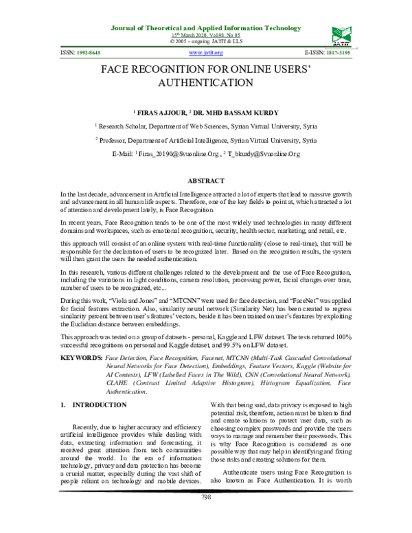 (PDF) Face Recognition for Online Users' Authentication