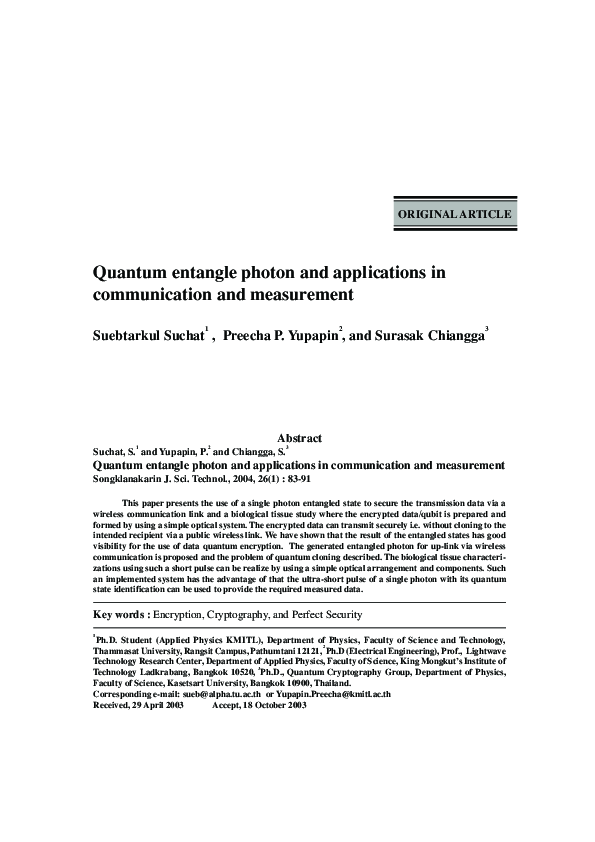 (PDF) Quantum entangle photon and applications in communication and ...