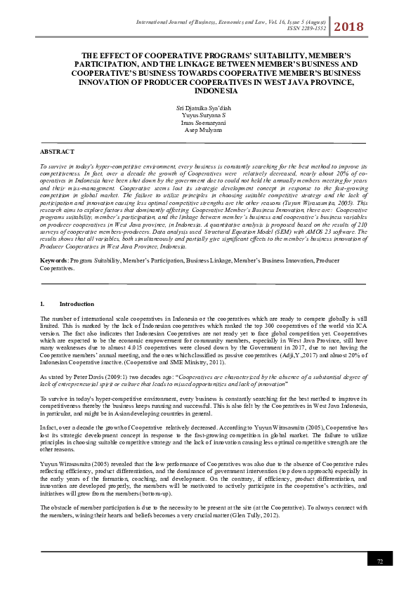 The Effect of Cooperative Programs’ Suitability, Member’s Participation, and the Linkage Between Member’s Business and Cooperative’s Business Towards Cooperative Member’s Business Innovation of Producer Cooperatives in West Java Province, Indonesia