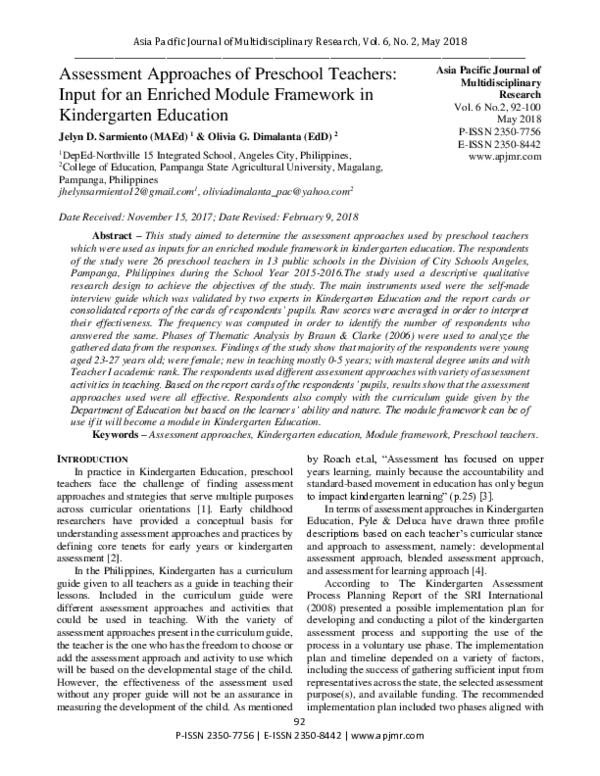 (PDF) Assessment Approaches of Preschool Teachers: Input for an ...