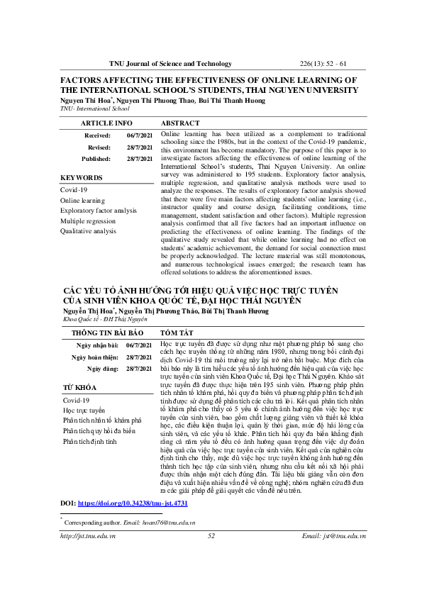 (PDF) Factors Affecting the Effectiveness of Online Learning of the ...