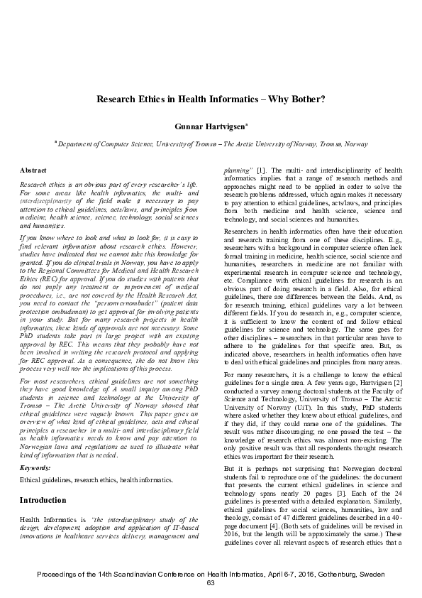 (PDF) Research Ethics in Health Informatics – Why Bother?