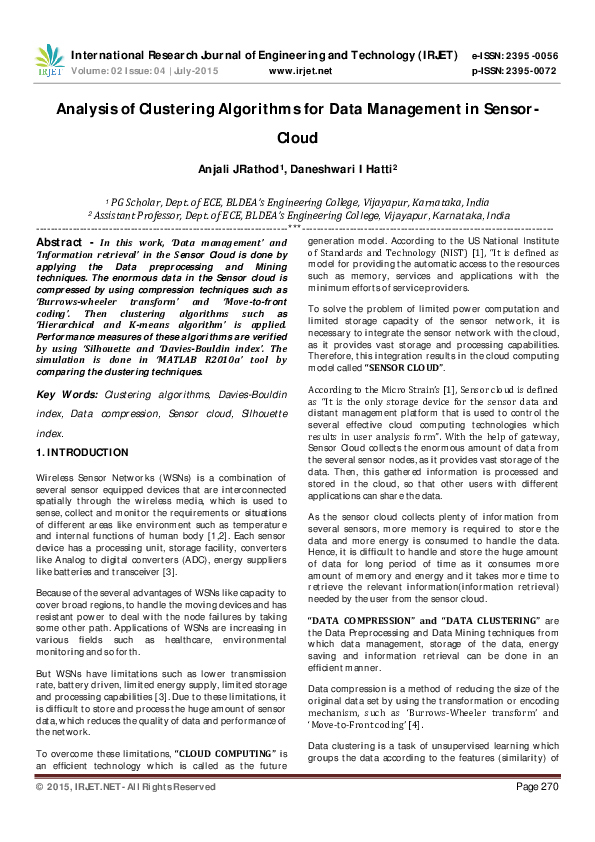 (PDF) Analysis of Clustering Algorithms for Data Management in Sensor ...