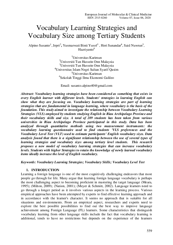 (PDF) Vocabulary Learning Strategies and Vocabulary Size among Tertiary ...