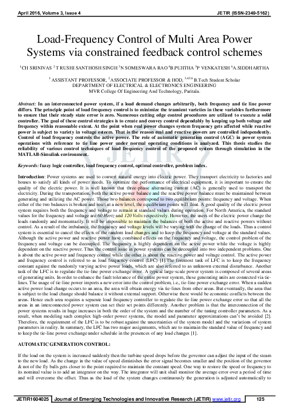 (PDF) Load-Frequency Control of Multi Area Power Systems via ...