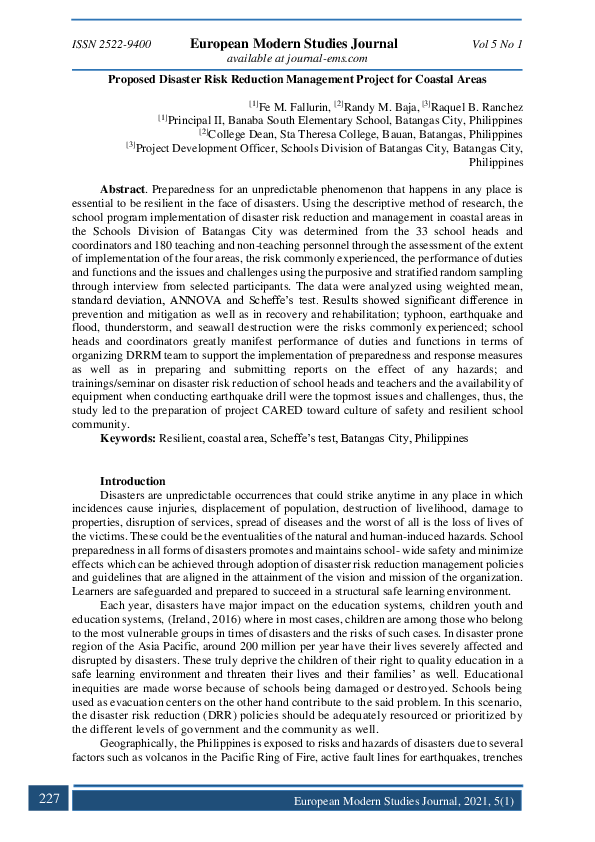 (PDF) Proposed Disaster Risk Reduction Management Project for Coastal Areas