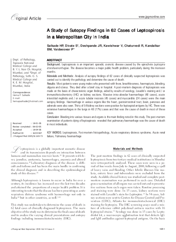 (PDF) A study of sutopsy findings in 62 cases of leptospirosis in a