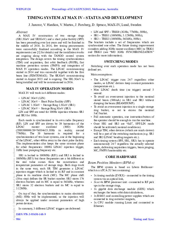 (PDF) Timing System at MAX IV - Status and Development