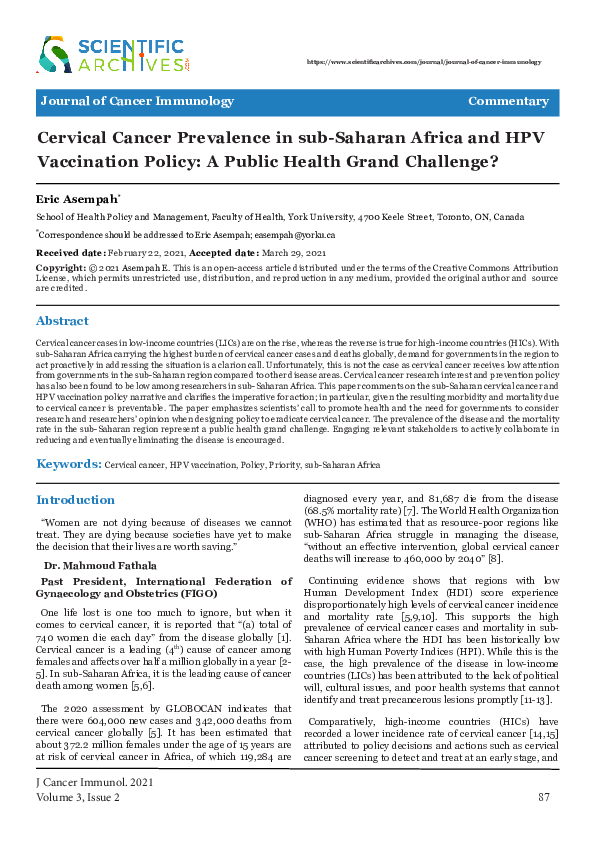 (PDF) Cervical Cancer Prevalence in sub-Saharan Africa and HPV ...