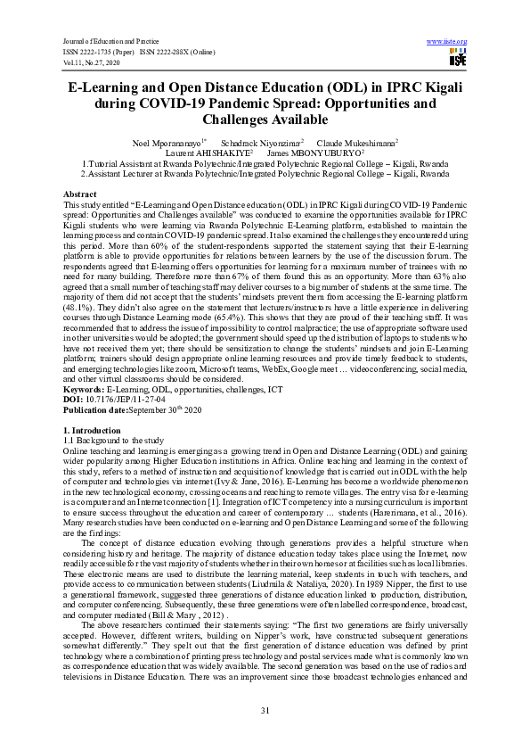 (PDF) E-Learning and Open Distance Education (ODL) in IPRC Kigali ...