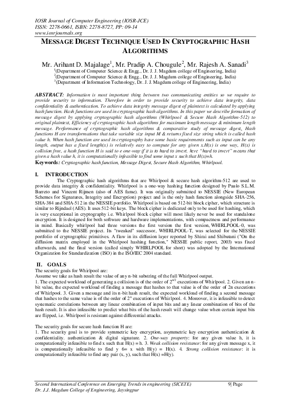 (PDF) Message Digest Technique Used in Cryptographic Hash Algorithms