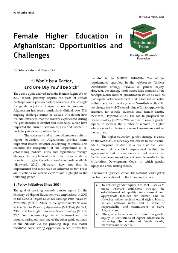 (PDF) Female Higher Education in Afghanistan: Opportunities and Challenges