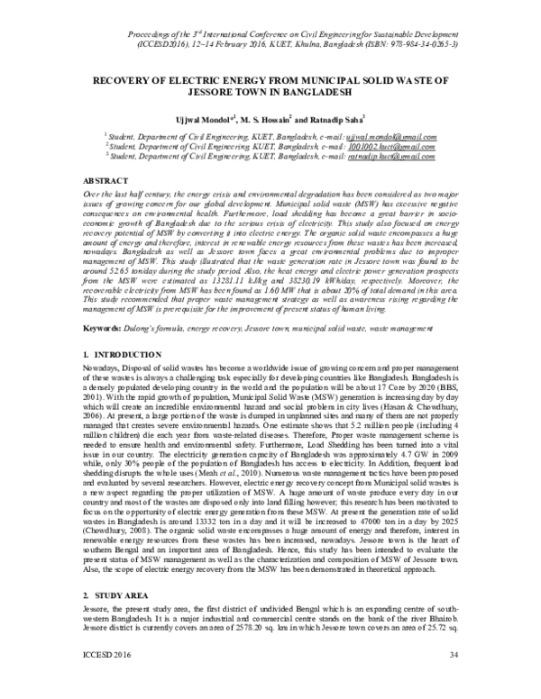(PDF) Recovery of Electric Energy from Municipal Solid Waste of Jessore ...