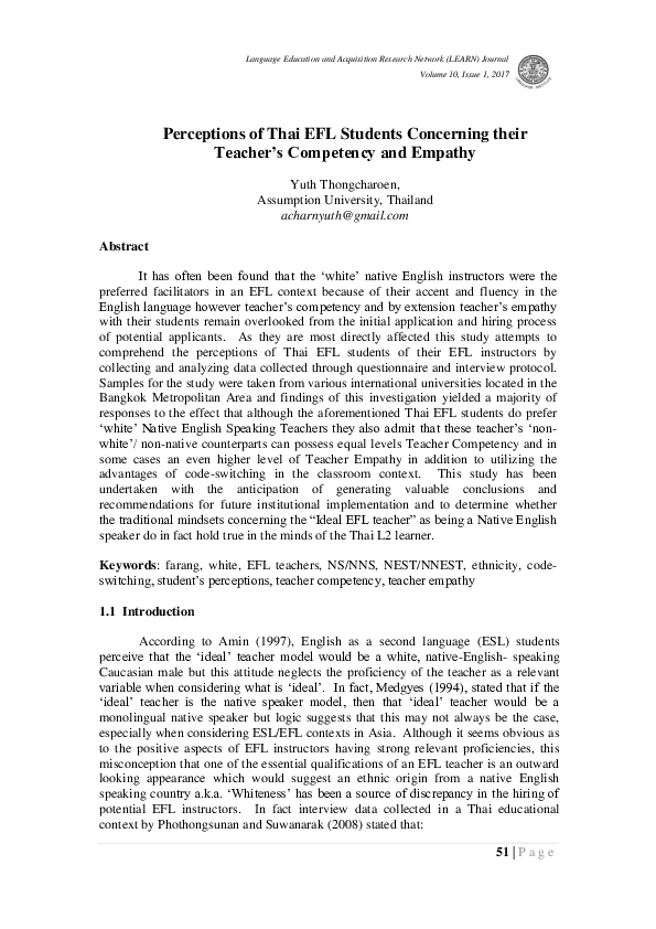 (PDF) Perceptions of Thai EFL Students Concerning Their Teacher's ...