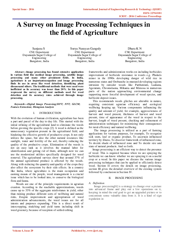 (PDF) A Survey on Image Processing Techniques in the field of Agriculture