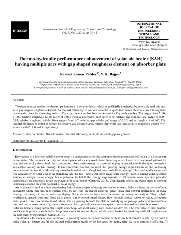 (PDF) Thermo-hydraulic performance enhancement of solar air heater (SAH ...