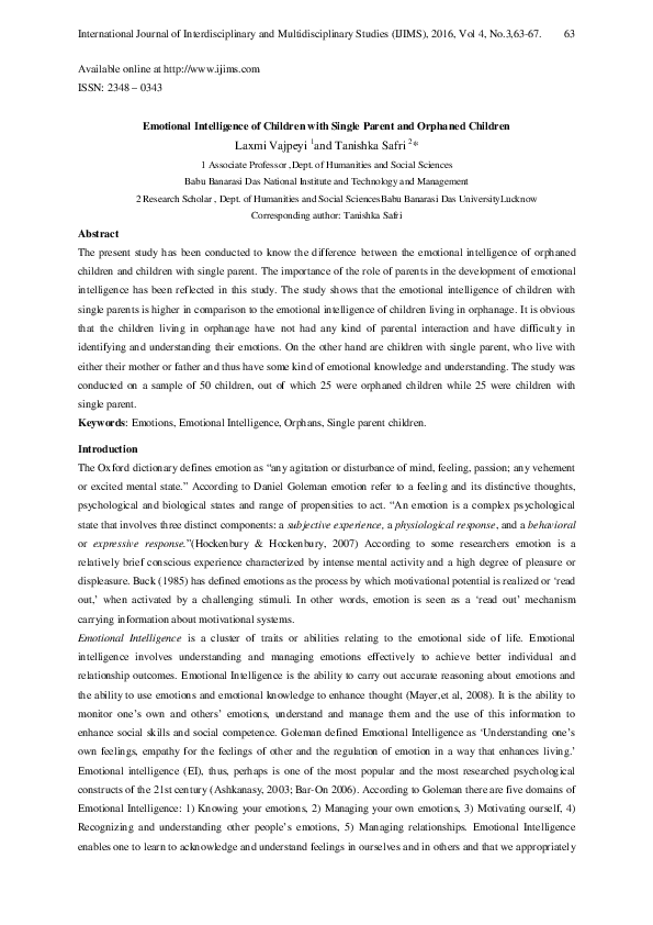 (PDF) Emotional Intelligence of Children with Single Parent and ...