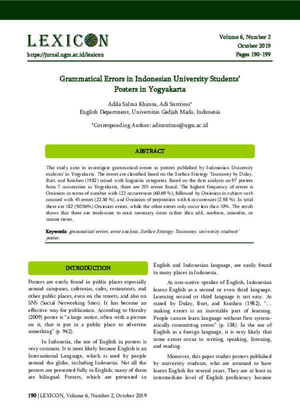 (PDF) Grammatical Errors in Indonesian University Students’ Posters in ...